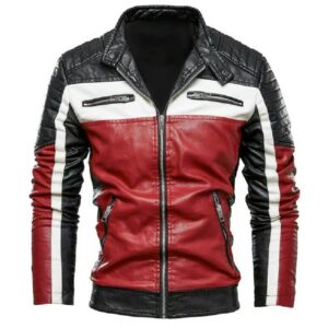 Mens White Red Strip Black Biker Jacket