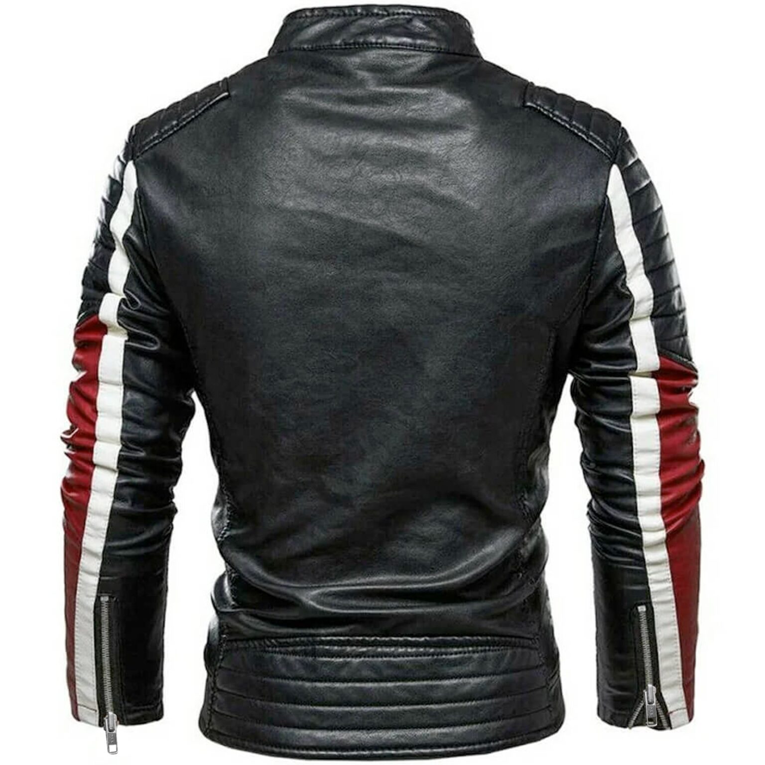 Mens White Red Strip Black Biker Jacket