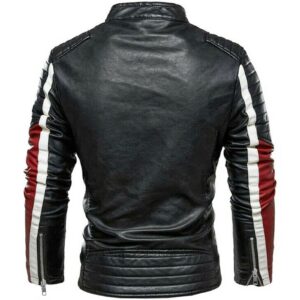 Mens White Red Strip Black Biker Jacket
