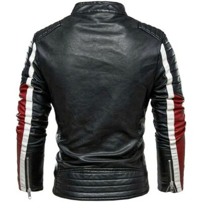 Mens White Red Strip Black Biker Jacket