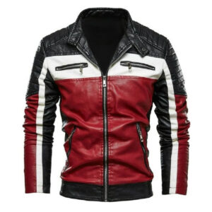 Mens White Red Strip Black Biker Jacket Clara Leather Jackets