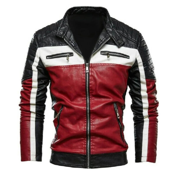 Mens White Red Strip Black Biker Jacket