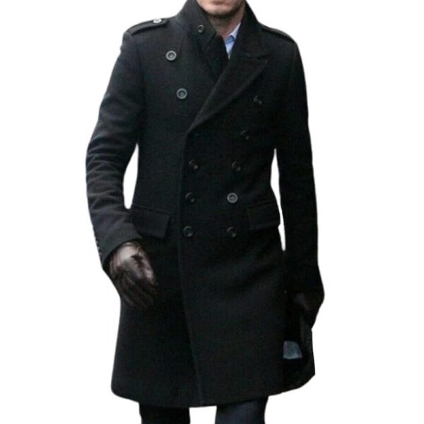 Mens Black Long Wool Pea Coat