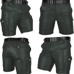 Mens Real Green Leather Cargo Shorts