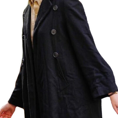 A Complete Unknown Elle Fanning Black Sylvie Russo Wool Coat (1)