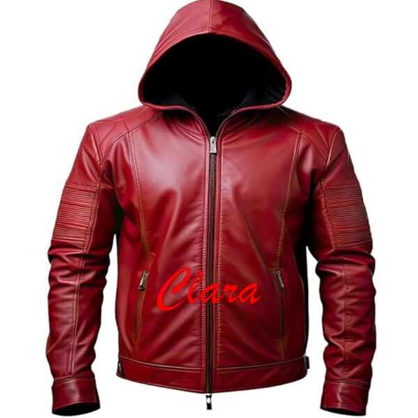 Mens Red Hooded Leather Jacket Halloween