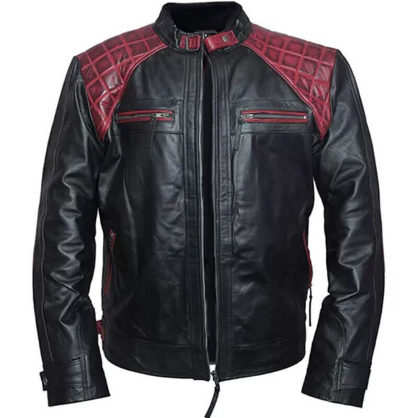 Mens Black Cafe Racer Biker Maroon Jacket