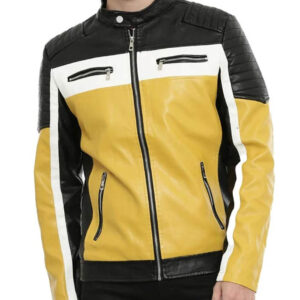 Mens Colour Block Biker Leather Jacket