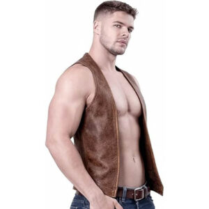 Mens Bar Tender Gay Bluf Adult Costume Style Classic Waist Coat Vest Black Leather 3