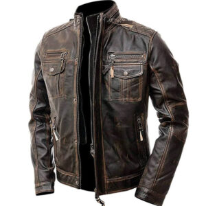 Mens Cafe Racer Vintage Distressed Brown Leather Jacket