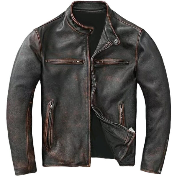 Mens Motorcycle Cafe Racer Distressed Black Leather Jacket