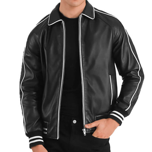 Mens White Strip Black Leather Jacket