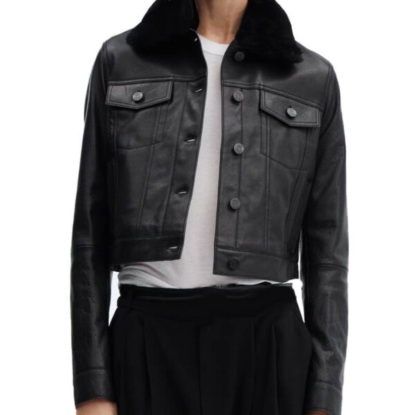 Womens Trucker Fur Colar Leather Jacket