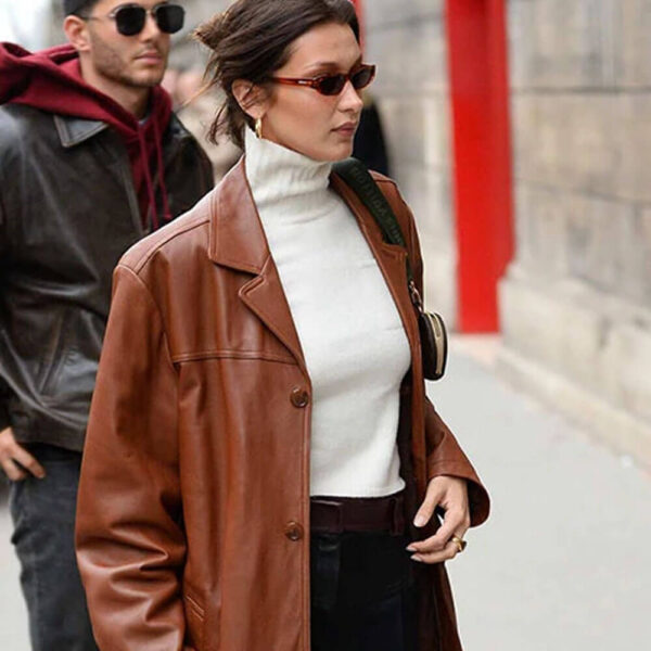 Bella Hadid Brown Leather Trench Coat