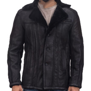 Mens Double Face Faux Fur Black Leather Jacket