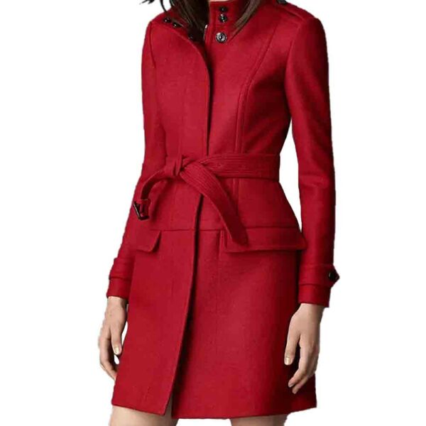 Womens Red Belted Wool Coat