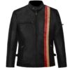 Men's Double Stripes Biker Black Leather Jacket