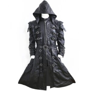 Genuine Leather Black Hooded Trench Coat