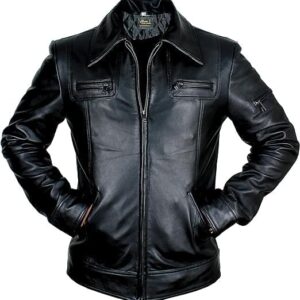 Alternative view of Men's Black Slim Fit Brown Retro Leather Jacket
