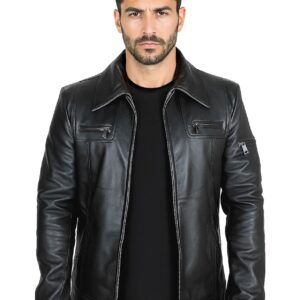 Men's Black Slim Fit Brown Retro Leather Jacket