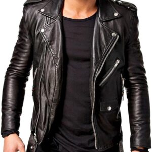 Alternative view of Men's Black Slim Fit Genuine Leather Biker Jacket