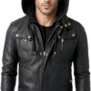 Men's Black Slim Fit Bomber Leather Hoodie Jacket