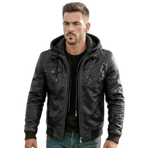 Mens American hoodie style black leather jacket