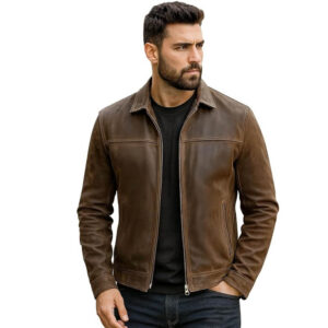Mens Cafe Racer Zipper Leather Jacket