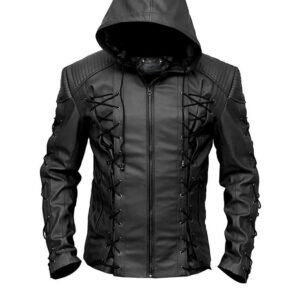 Men's Lace-Up Design Sheepskin Leather Hoodie Jacket