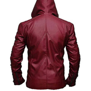 Mens Lace Up Design Maroon Leather Hoodie Jacket