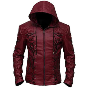 Alternative view of Men's Lace-Up Design Sheepskin Leather Hoodie Jacket