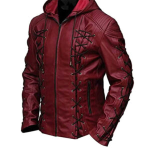 Mens Lace Up Design Maroon Sheepskin Leather Hoodie Jacket