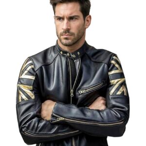 Alternative view of Men's Café Racer Union Jack Vintage Biker UK Flag Jacket