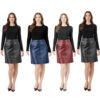 Women Genuine Leather A Line Knee Length High Waist Mini Skirt Office