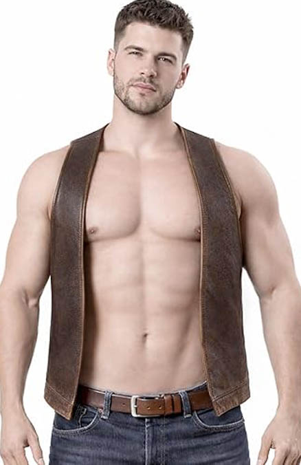 Mens Bartender Dark Brown Leather Open Front Vest Dark Brown Leather Open Front Vest