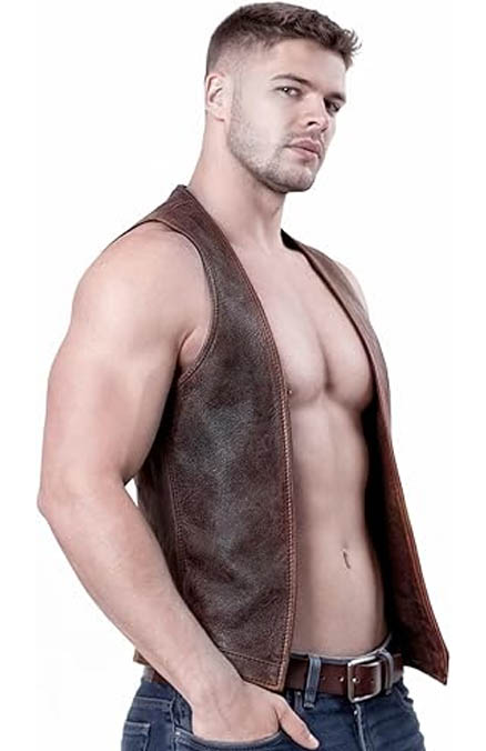 Mens Bartender Dark Brown Leather Open Front Vest BROWN VEST DARK BROWN