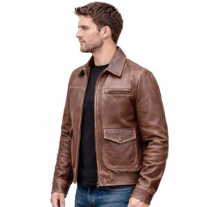 Alternative view of Distressed Brown Leather Jacket - Classic Zip Front