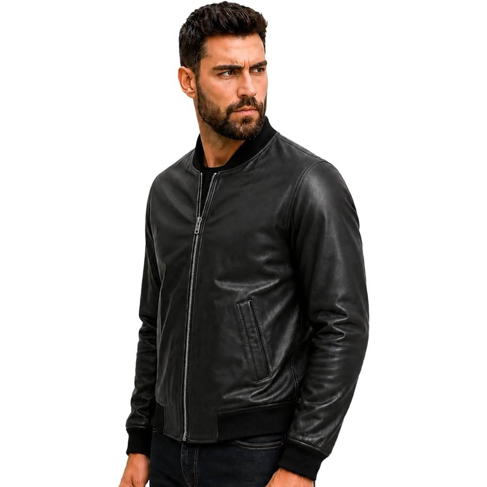 Men's Genuine Black Leather Bomber Jacket Ribbed Collar Men's Genuine Black Leather Bomber Jacket Ribbed Collar - Image 2