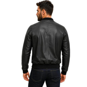 Men's Genuine Black Leather Bomber Jacket Ribbed Collar MENS JACKET CAFE RACER NEW JACKET