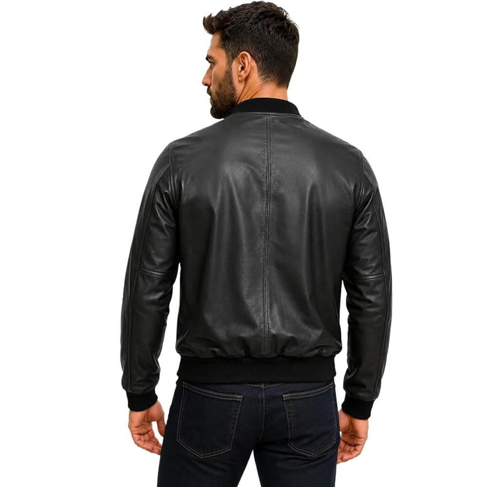 Men's Genuine Black Leather Bomber Jacket Ribbed Collar Men's Genuine Black Leather Bomber Jacket Ribbed Collar - Image 5