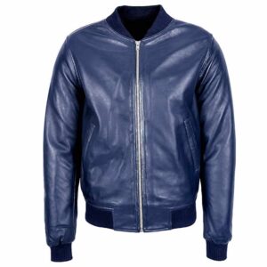 Men's Genuine Black Leather Bomber Jacket Ribbed Collar