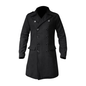 Men’s Black Double Breasted Wool Overcoat Long Smart Pea Coat with Lapel, Button Closure & Flap Pockets Winter Formal Trench Style Jacket