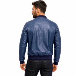 Men's Genuine Black Leather Bomber Jacket Ribbed Collar