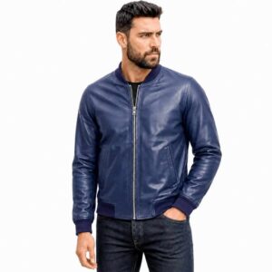 Men's Genuine Black Leather Bomber Jacket Ribbed Collar