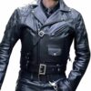 Men’s Black Leather Cropped Biker Jacket with Harness Strap