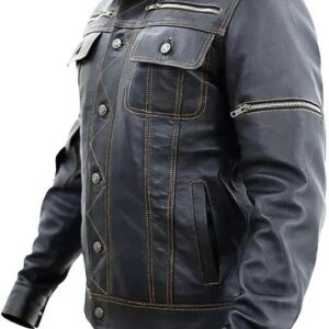 Mens Black Real Leather Jacket Vintage Trucker Warm Fashion Casual Leather Coat