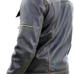Mens Black Real Leather Jacket Vintage Trucker Western Cowboy Genuine Lambskin Winter Warm Fashion Casual Leather Coat