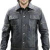 Men's Classic Leather Trucker Jacket Multi Pocket Style
