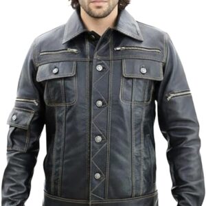 Men's Classic Leather Trucker Jacket Multi Pocket Style