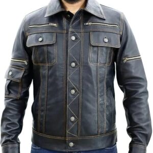 Men’s Black Real Leather Jacket Vintage Trucker Western Cowboy Style Genuine ]Winter Warm Fashion Casual Leather Coat